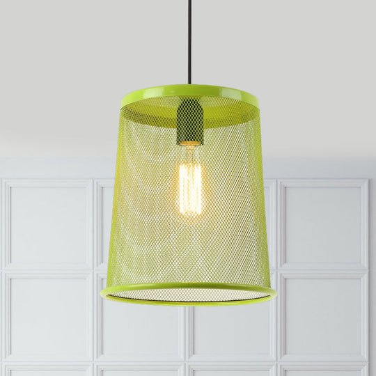 Stylish Vintage Silver/Red Cylinder Pendant Light: Hanging Lamp With Mesh Cage Shade - Ideal For