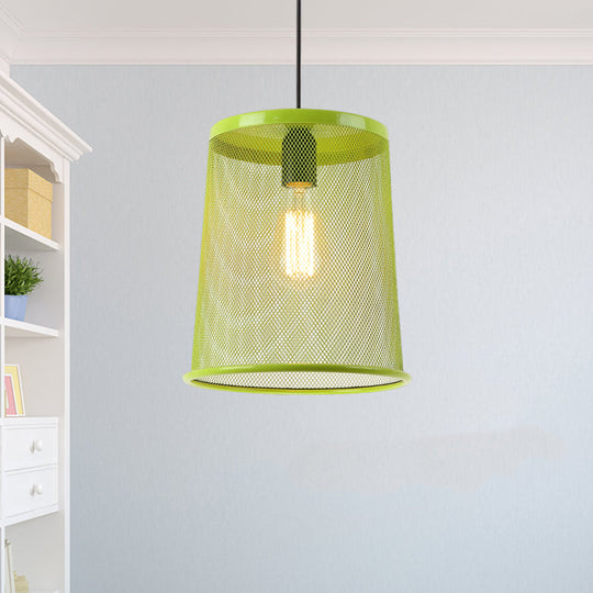 Vintage Silver/Red Cylinder Pendant Light with Mesh Cage Shade - Stylish Dining Room Hanging Lamp (1 Bulb)