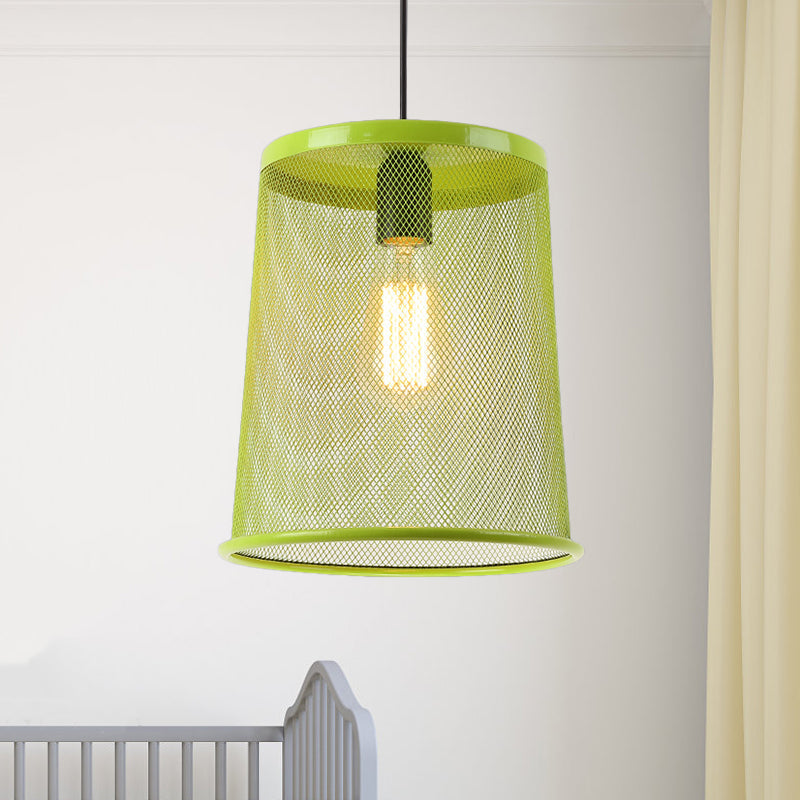 Stylish Vintage Silver/Red Cylinder Pendant Light: Hanging Lamp With Mesh Cage Shade - Ideal For