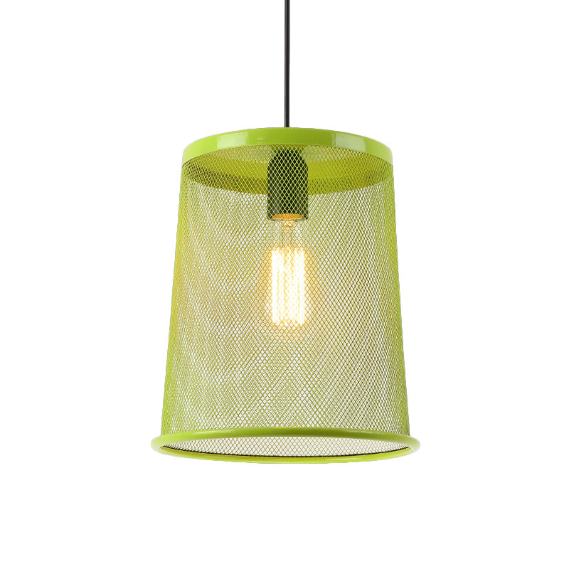 Stylish Vintage Silver/Red Cylinder Pendant Light: Hanging Lamp With Mesh Cage Shade - Ideal For