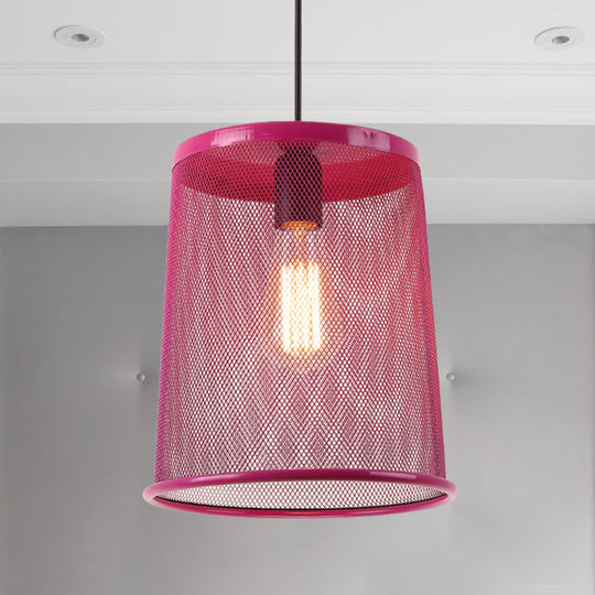 Stylish Vintage Silver/Red Cylinder Pendant Light: Hanging Lamp With Mesh Cage Shade - Ideal For