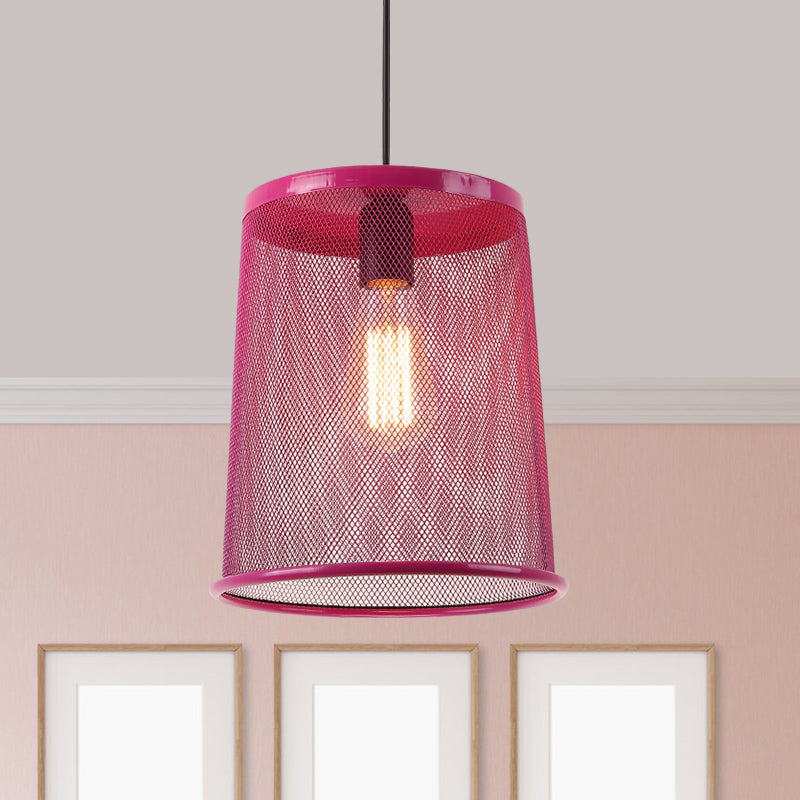 Stylish Vintage Silver/Red Cylinder Pendant Light: Hanging Lamp With Mesh Cage Shade - Ideal For