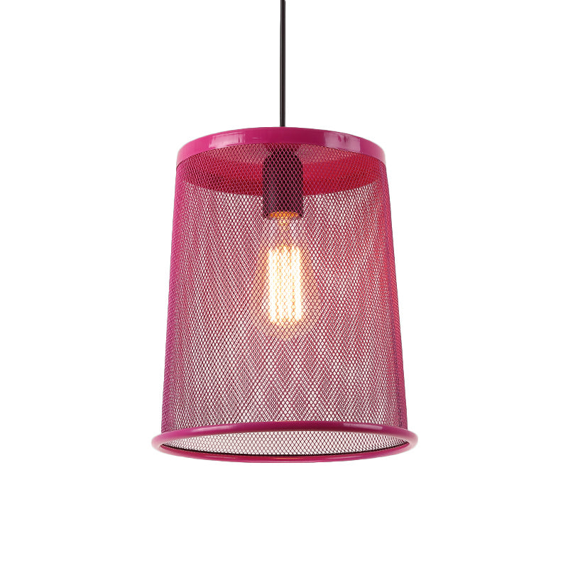 Vintage Silver/Red Cylinder Pendant Light with Mesh Cage Shade - Stylish Dining Room Hanging Lamp (1 Bulb)