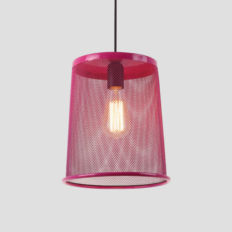 Stylish Vintage Silver/Red Cylinder Pendant Light: Hanging Lamp With Mesh Cage Shade - Ideal For