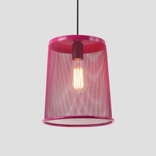 Stylish Vintage Silver/Red Cylinder Pendant Light: Hanging Lamp With Mesh Cage Shade - Ideal For