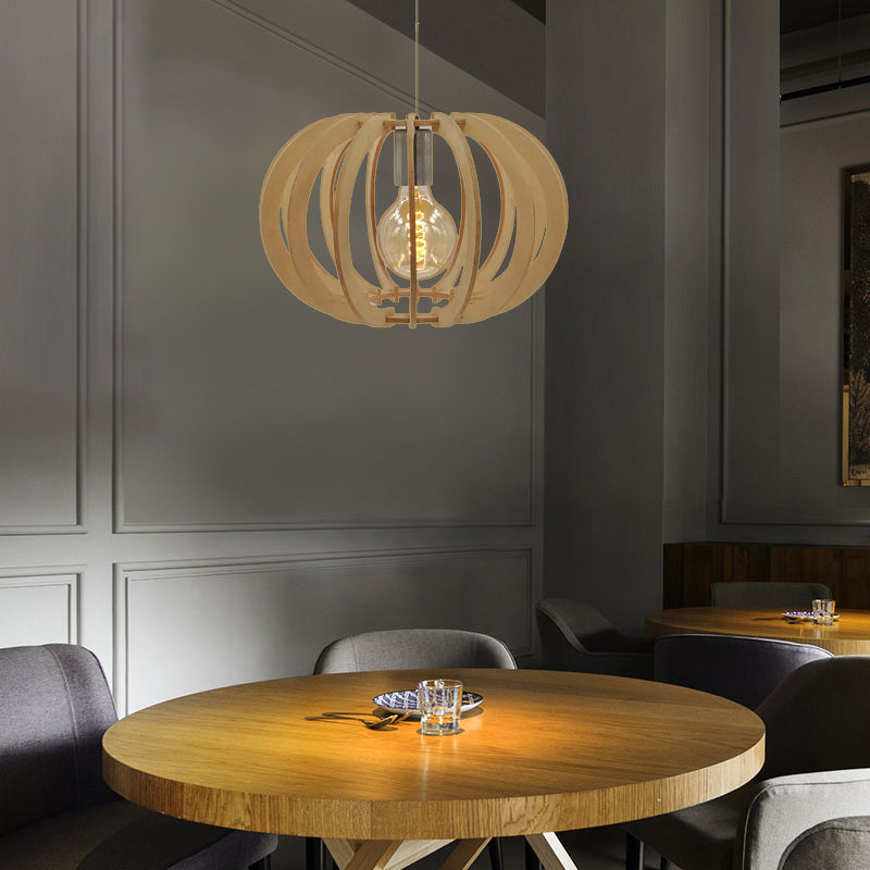 Modern Round Wood Drum Pendant Light for Restaurant - Beige