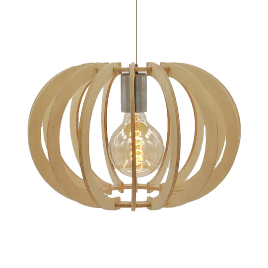 Modern Round Drum Pendant Light Fixture - Wood & Beige Restaurant Hanging Lamp