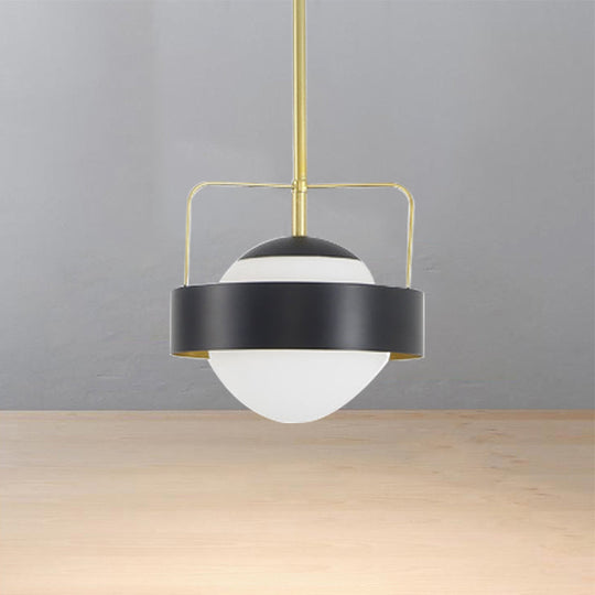 Modern Frosted Glass And Metal Pendant Lamp - Global Shade Hanging Light With 1 Black Finish