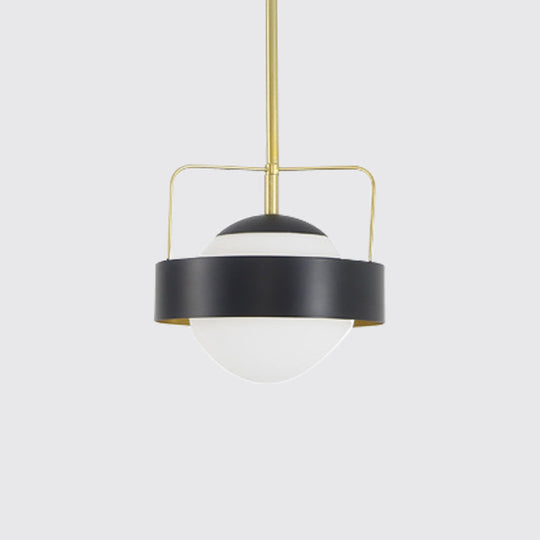 Modern Frosted Glass And Metal Pendant Lamp - Global Shade Hanging Light With 1 Black Finish