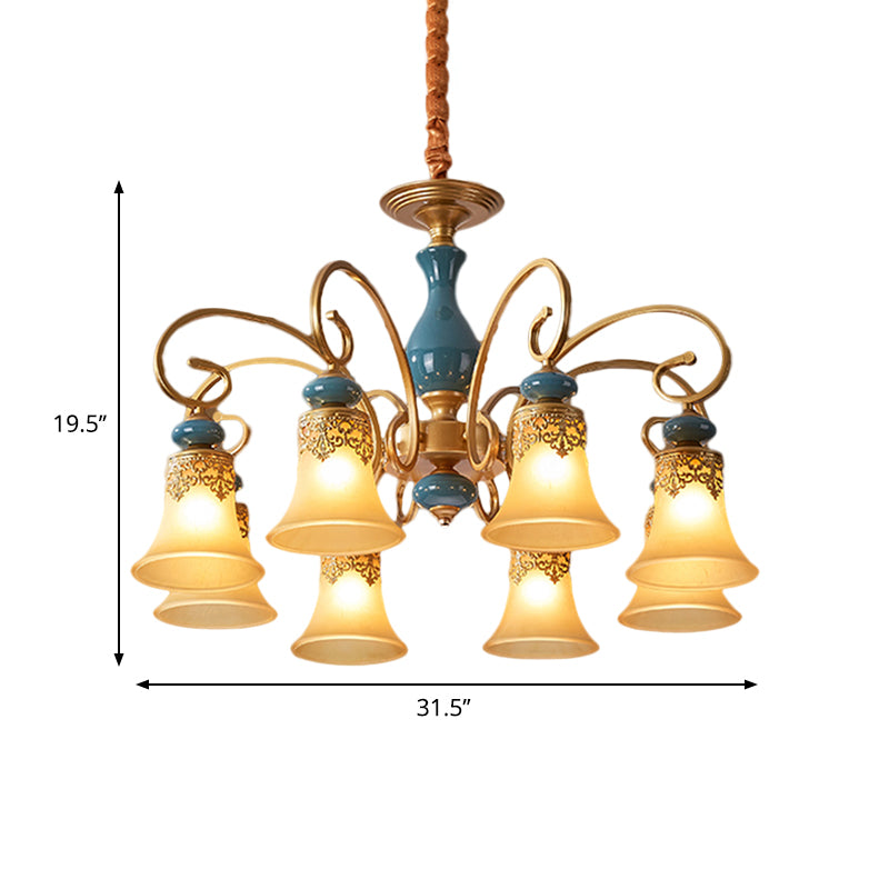 Countryside Brass Suspension Pendant Chandelier With Bell Milk Glass Shade - 3/5/6-Bulb Swooping Arm