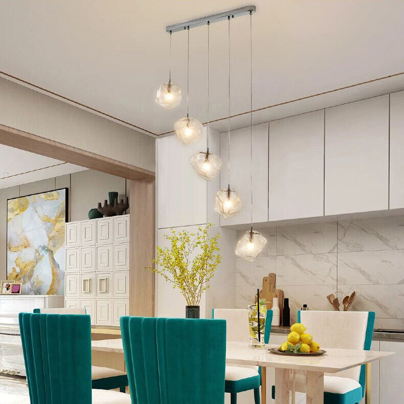 Contemporary Rock Clear Glass Cluster Pendant Light with LED White Lights - 5/6/8 Options - Round/Linear Canopy Included