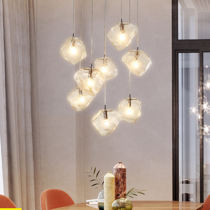 Contemporary Rock Clear Glass Cluster Pendant Light with LED White Lights - 5/6/8 Options - Round/Linear Canopy Included