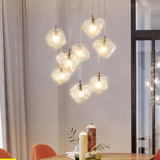 Contemporary Rock Clear Glass Cluster Pendant Light with LED White Lights - 5/6/8 Options - Round/Linear Canopy Included