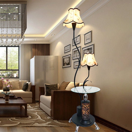 Black/White Iron Branch Standing Lamp With Floral Shade - Countryside Style Floor Light (2 Bulbs)