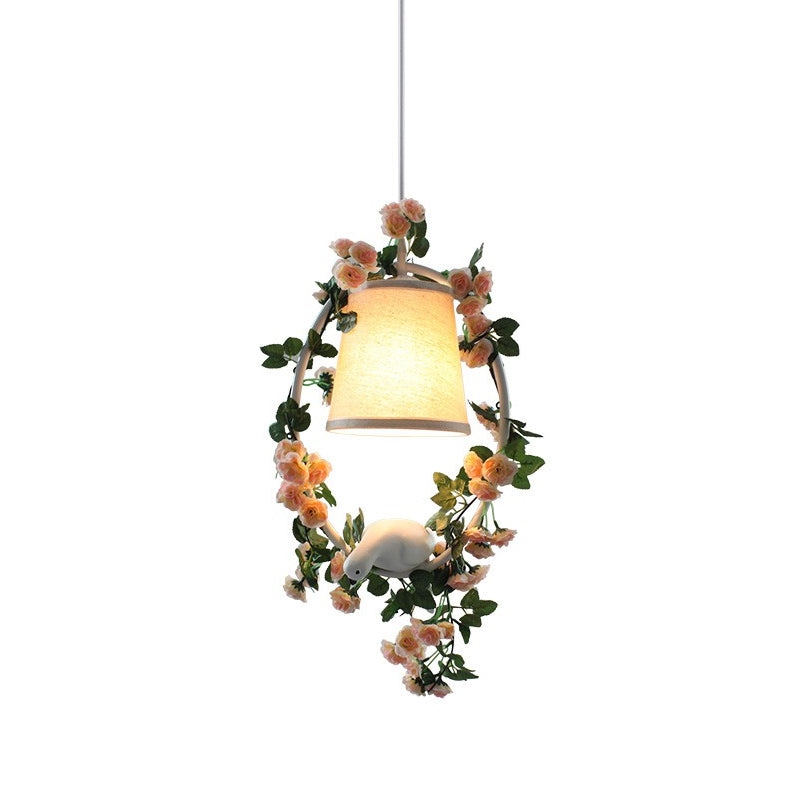 Floral & Bird Design Conic Shade Pendulum Light With Countryside Fabric For Corridor Suspension