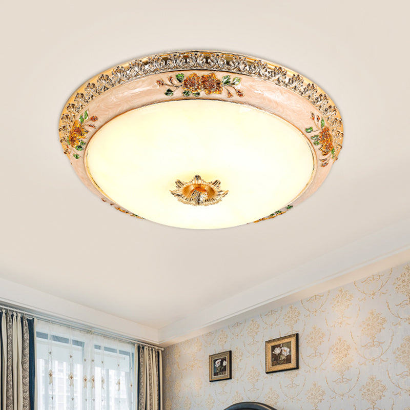 Gold Domed Ceiling Flush LED Bedroom Light with Carved Flower - Traditional Opaque Glass, 3 Width Options