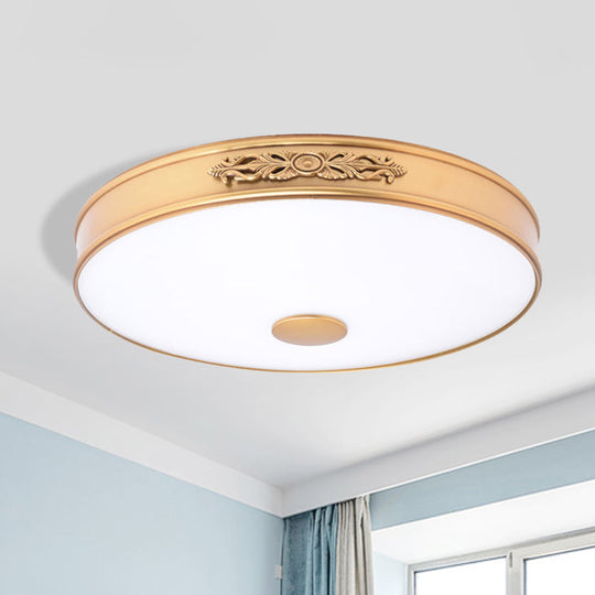 Antiqued Cream Glass Round Flush Mount LED Ceiling Lamp Fixture, Gold, for Bedroom