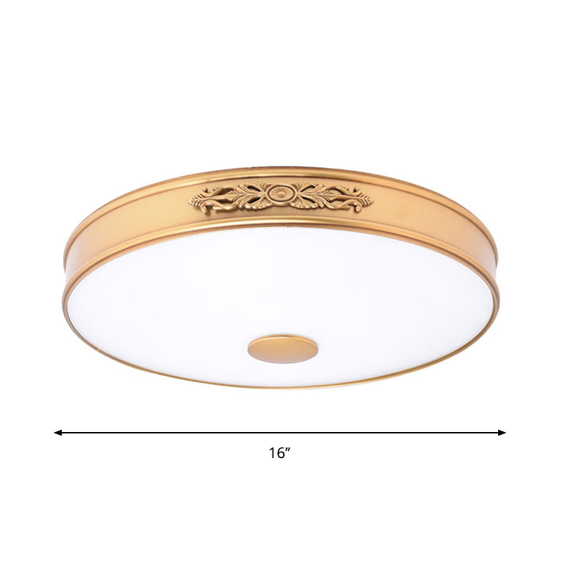 Antiqued Cream Glass Round Flush Mount Led Ceiling Lamp Fixture Gold For Bedroom