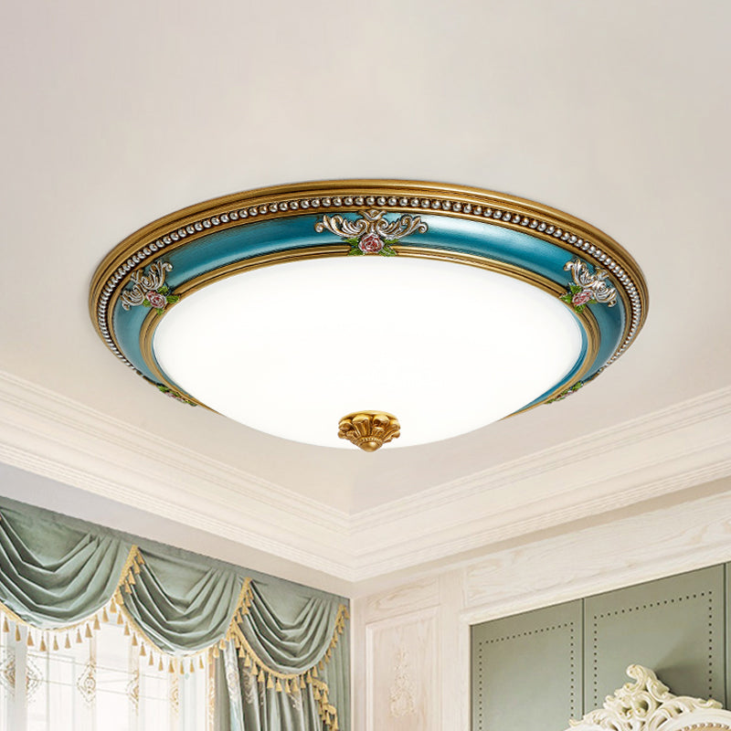 LED Flush Ceiling Lighting - Blue Glass Dome Shade, Farmhouse Style Bedroom Flush Mount, 15"/18"/20.5" Width