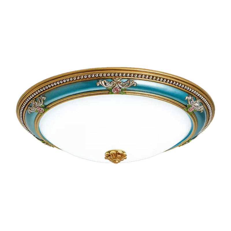 LED Flush Ceiling Lighting - Blue Glass Dome Shade, Farmhouse Style Bedroom Flush Mount, 15"/18"/20.5" Width