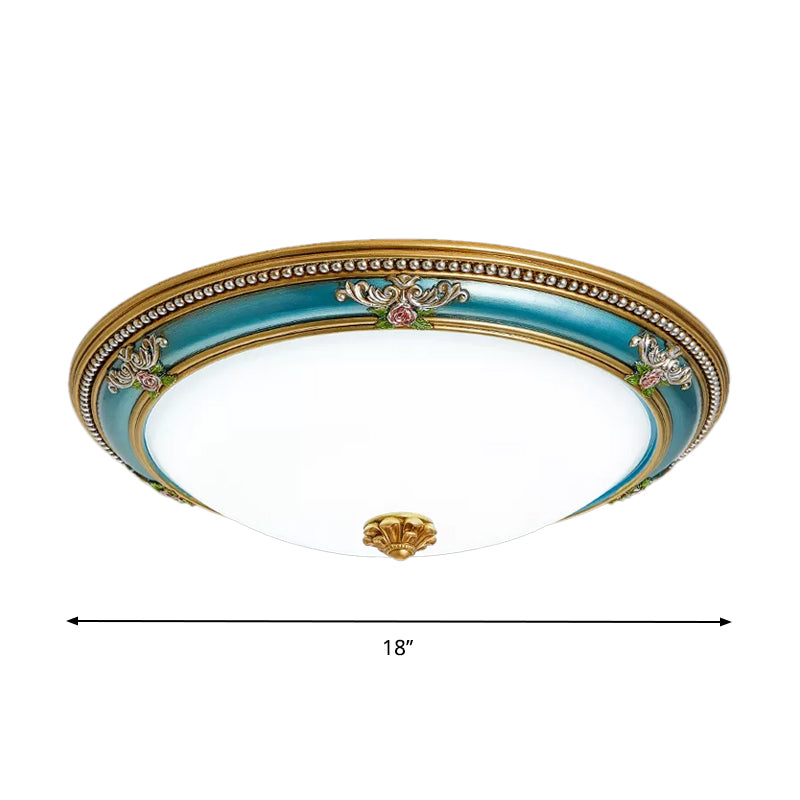 LED Flush Ceiling Lighting - Blue Glass Dome Shade, Farmhouse Style Bedroom Flush Mount, 15"/18"/20.5" Width