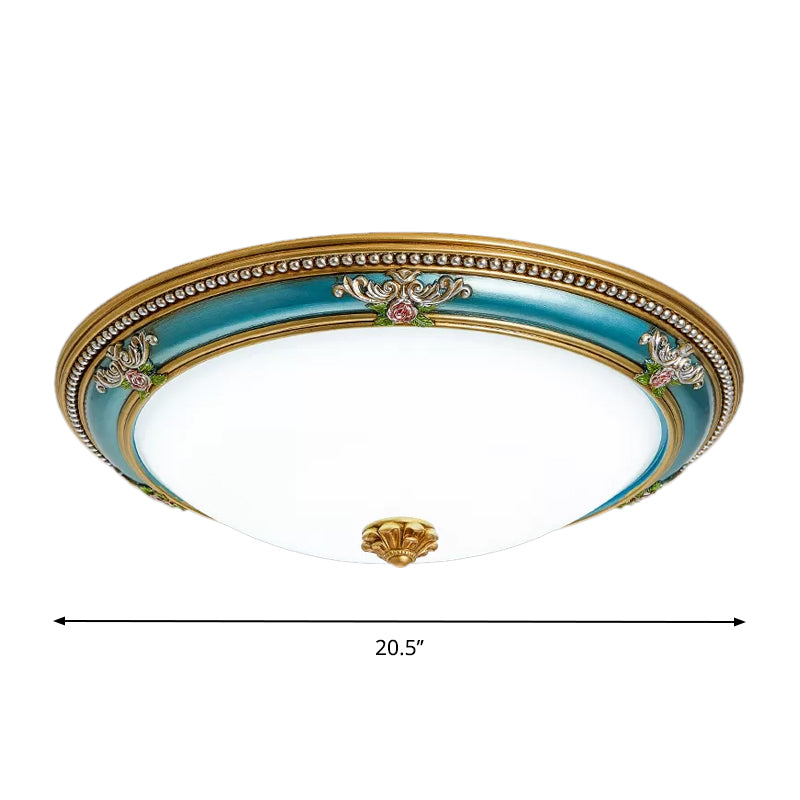 LED Flush Ceiling Lighting - Blue Glass Dome Shade, Farmhouse Style Bedroom Flush Mount, 15"/18"/20.5" Width