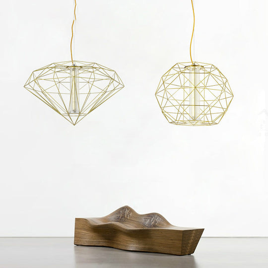 16/23.5 Diamond Wire Cage Pendant Light With Glass Shade In Chrome/Gold - Contemporary Metal 1 For