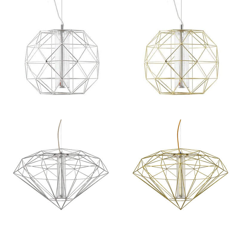 16/23.5 Diamond Wire Cage Pendant Light With Glass Shade In Chrome/Gold - Contemporary Metal 1 For