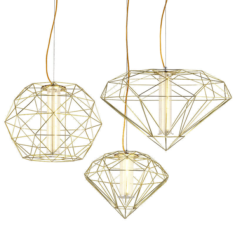 16/23.5 Diamond Wire Cage Pendant Light With Glass Shade In Chrome/Gold - Contemporary Metal 1 For