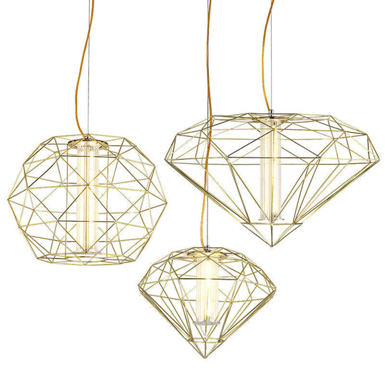 16/23.5 Diamond Wire Cage Pendant Light With Glass Shade In Chrome/Gold - Contemporary Metal 1 For