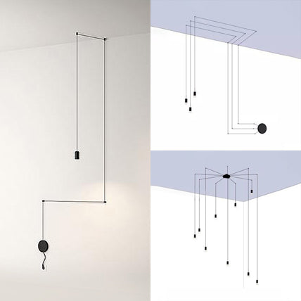 Contemporary Metal Ceiling Pendant Light, Line Hanging 1/3/9 Light Black Design for Living Room