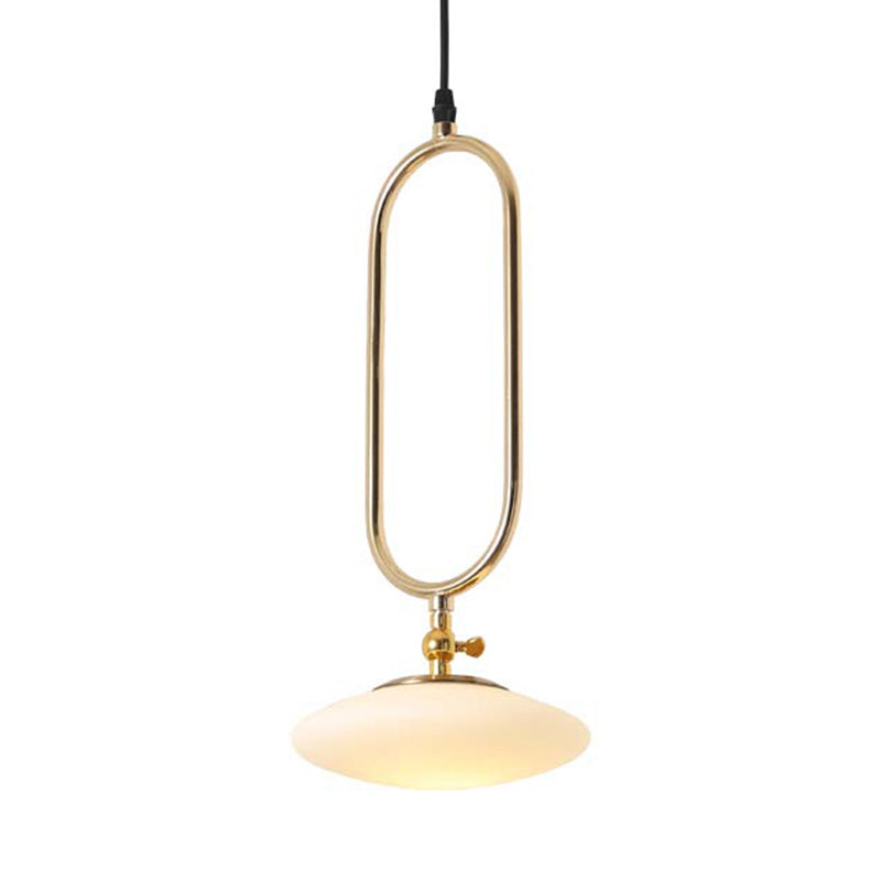 Contemporary Milk Glass Pendant Lamp In Gold Finish With Fly Saucer Design