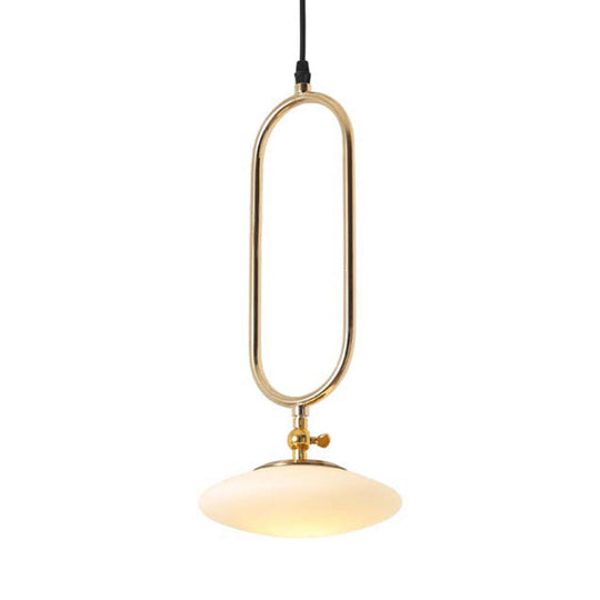 Contemporary Milk Glass Pendant Lamp In Gold Finish With Fly Saucer Design