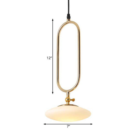 Contemporary Milk Glass Pendant Lamp In Gold Finish With Fly Saucer Design