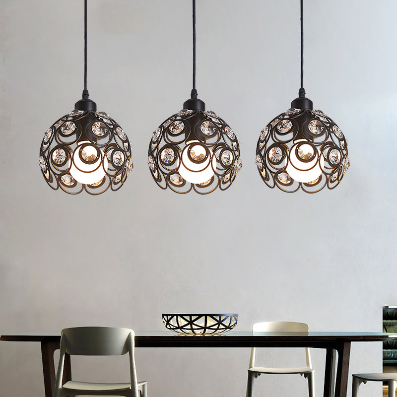Modern Crystal Dome Pendant Lamp with Metal Cage Design - 1/3 Lights - White/Black - Round/Linear Canopy