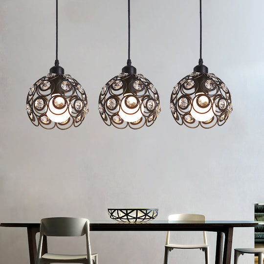Modern Crystal Dome Pendant Lamp with Metal Cage Design - 1/3 Lights - White/Black - Round/Linear Canopy
