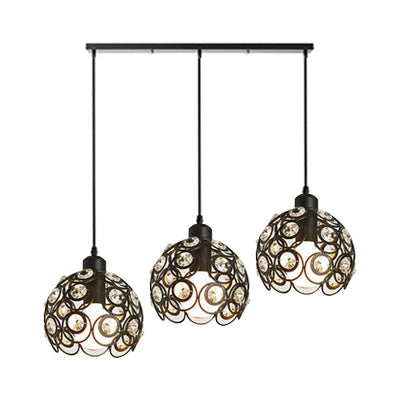 Modern Crystal Dome Pendant Lamp with Metal Cage Design - 1/3 Lights - White/Black - Round/Linear Canopy