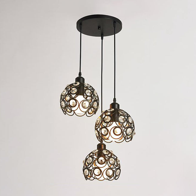 Modern Crystal Dome Pendant Lamp with Metal Cage Design - 1/3 Lights - White/Black - Round/Linear Canopy