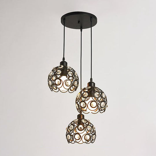 Modern Crystal Dome Pendant Lamp with Metal Cage Design - 1/3 Lights - White/Black - Round/Linear Canopy