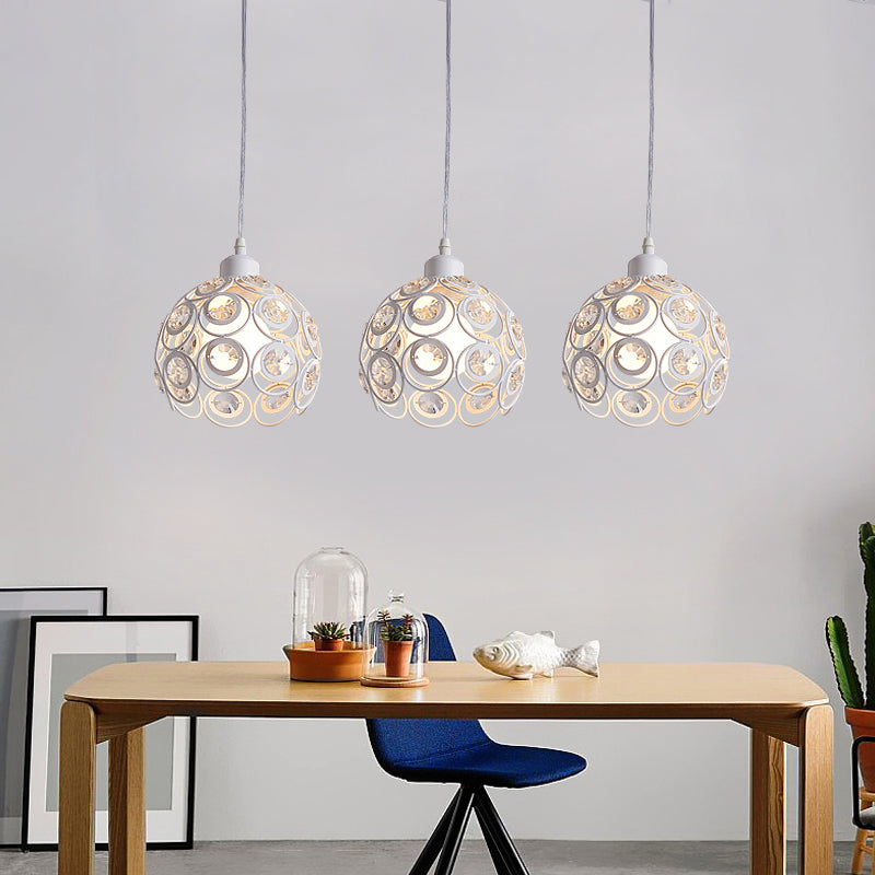 Modern Crystal Dome Pendant Lamp with Metal Cage Design - 1/3 Lights - White/Black - Round/Linear Canopy