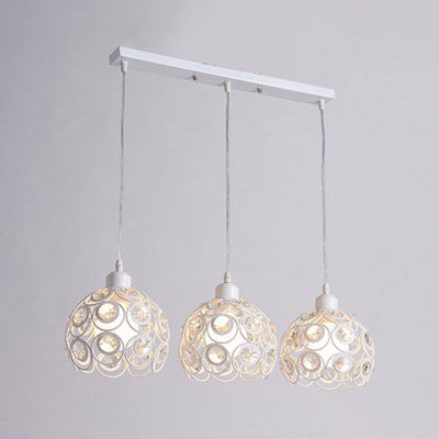 Modern Crystal Dome Pendant Lamp with Metal Cage Design - 1/3 Lights - White/Black - Round/Linear Canopy