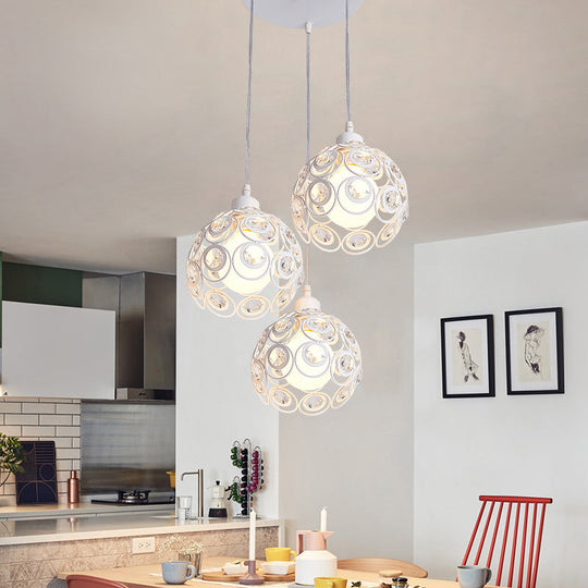 Modern Crystal Dome Pendant Lamp with Metal Cage Design - 1/3 Lights - White/Black - Round/Linear Canopy