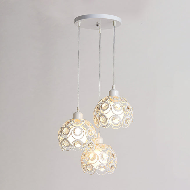 Modern Crystal Dome Metal Cage Pendant Lamp With White/Black Hanging Lights - Round/Linear Canopy