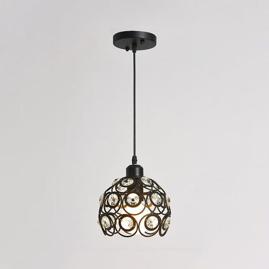 Modern Crystal Dome Pendant Lamp with Metal Cage Design - 1/3 Lights - White/Black - Round/Linear Canopy