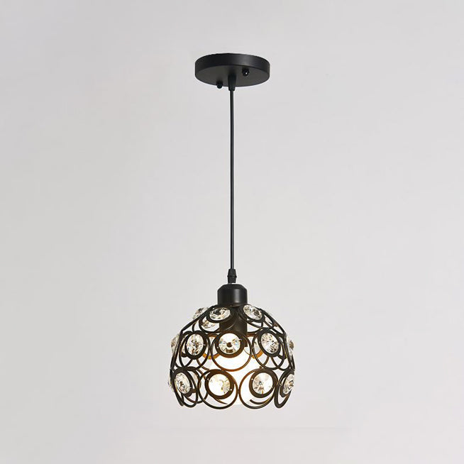 Modern Crystal Dome Metal Cage Pendant Lamp With White/Black Hanging Lights - Round/Linear Canopy