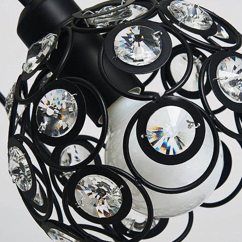 Modern Crystal Dome Pendant Lamp with Metal Cage Design - 1/3 Lights - White/Black - Round/Linear Canopy