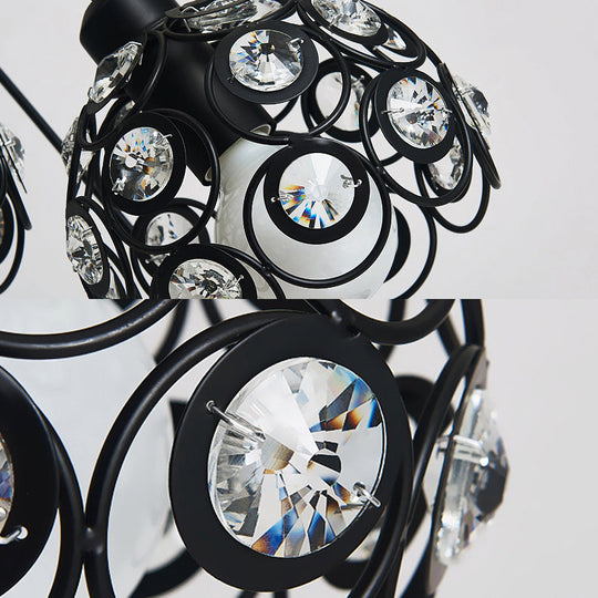 Modern Crystal Dome Pendant Lamp with Metal Cage Design - 1/3 Lights - White/Black - Round/Linear Canopy