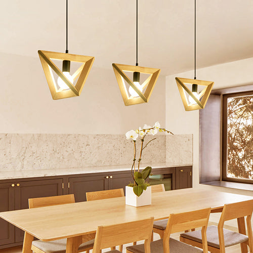 Japanese Beige Pendant Light with Triangle Shade and Wood Lamp for Kitchen