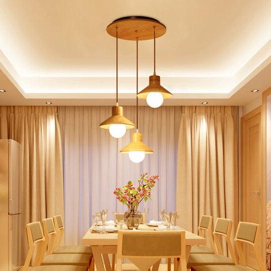 Modern Wooden Pendant Light In Beige For Kid Room - Coolie Shade Hanging With Linear/Round Canopy