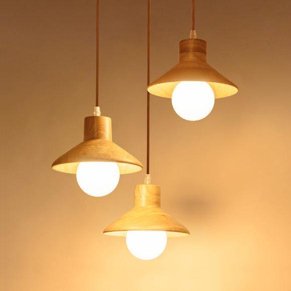 Modern Wooden Pendant Light in Beige for Kid's Room - Coolie Shade Hanging Light with Linear/Round Canopy